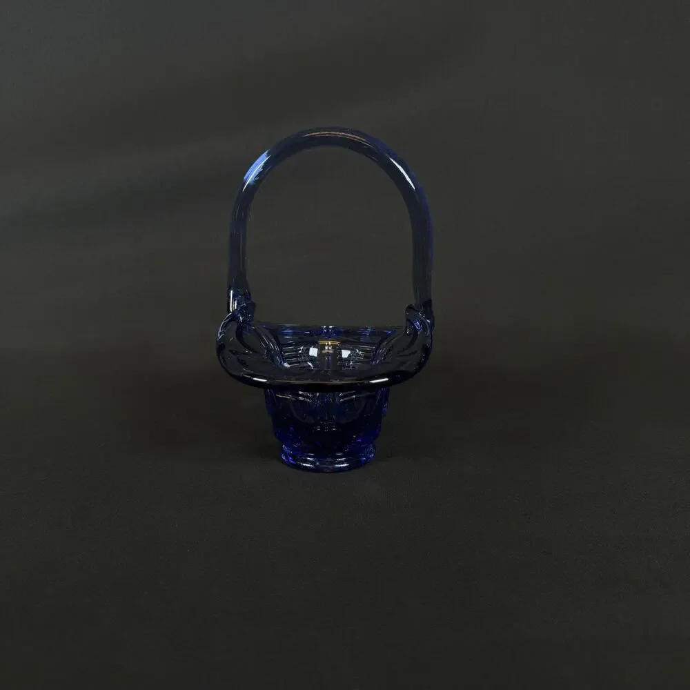 VINTAGE FENTON BLUE GLASS BASKET WITH HANDLE 6